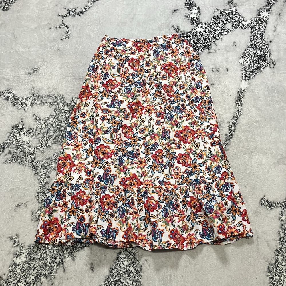 Rachel Roy Floral Midi Skirt Womens Size M Boho Ruffle Hem Pull On Chic